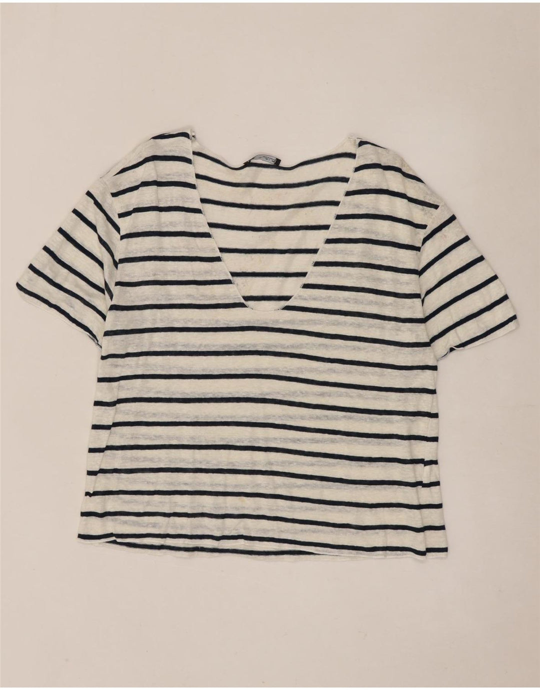 Zara Dame T-Shirt Top UK 14 Stor Hvid Stribet
