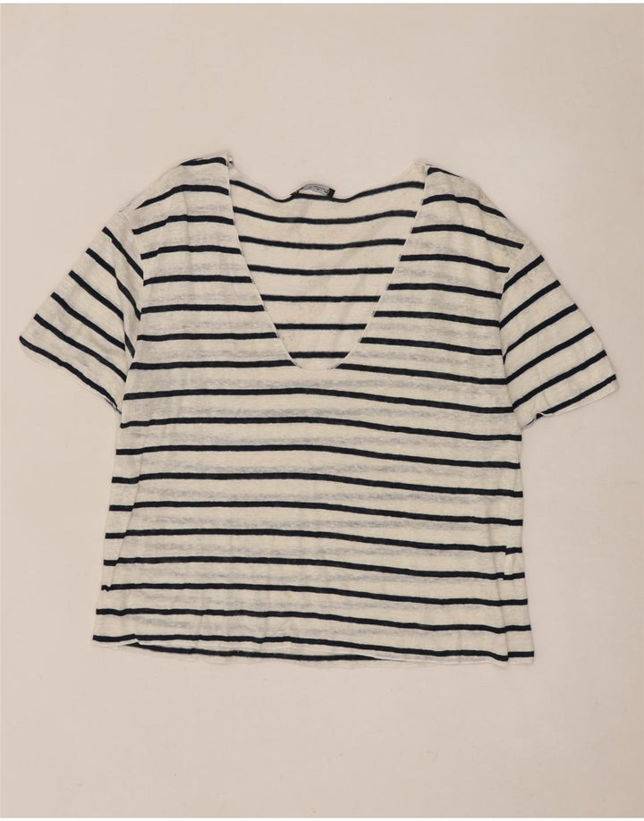 Zara Dame T-Shirt Top UK 14 Stor Hvid Stribet