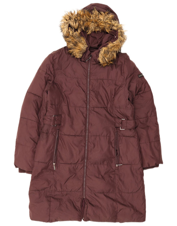 Dkny Dame Hætte Polstret Frakke UK 16 Large Burgundy Polyester