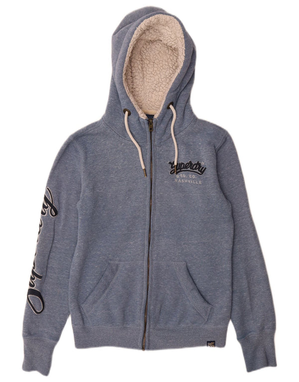 Superdry hættetrøje til kvinder med grafisk lynlås UK 8 Lille, blå flækket bomuld
