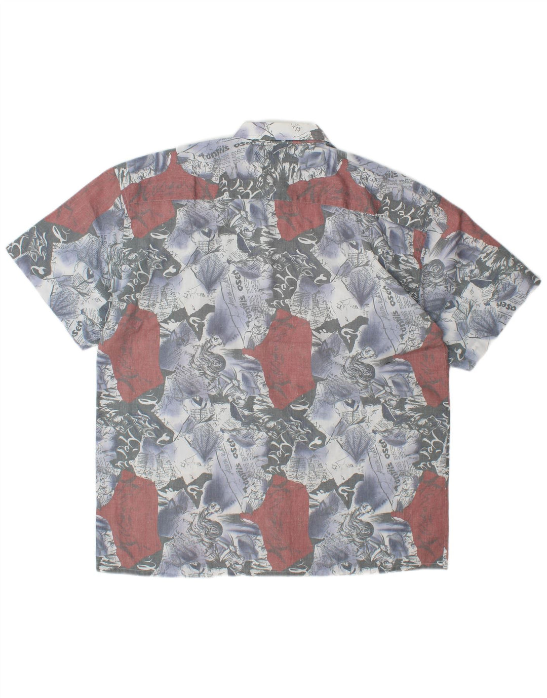 VINTAGE grafisk kortærmet herreskjorte Stor blå farveblok polyester