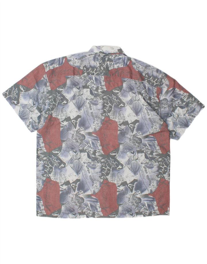 VINTAGE grafisk kortærmet herreskjorte Stor blå farveblok polyester