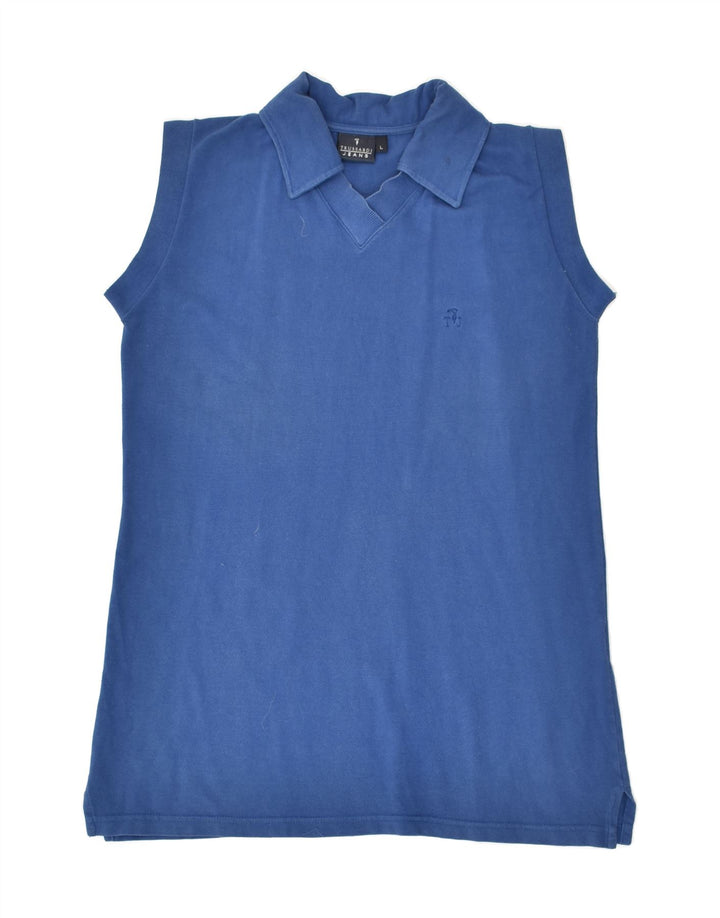 TRUSSARDI Womens Sleeveless Polo Shirt UK 14 Large Blue Cotton | Vintage Trussardi | Thrift | Second-Hand Trussardi | Used Clothing | Messina Hembry 