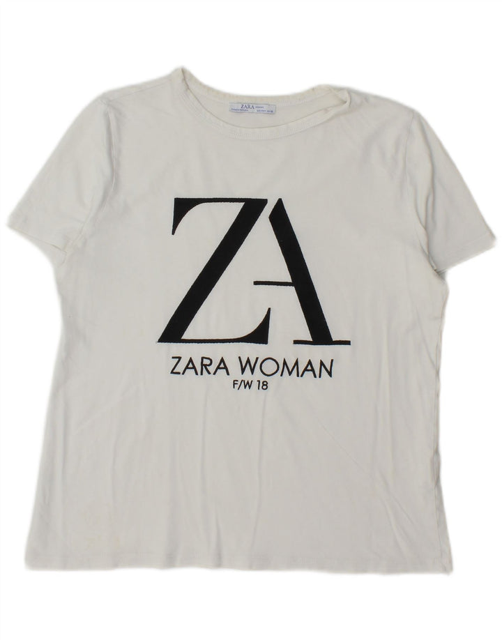 Zara Grafisk T-Shirt Top UK 14 Medium Hvid Bomuld