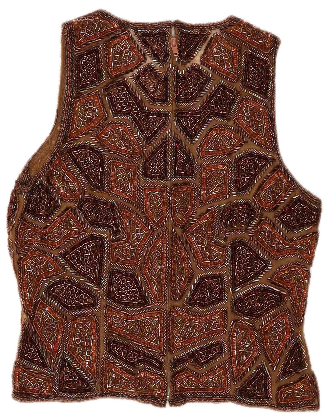 Vintage Womens Crop Ærmeløs bluse Top UK 12 Medium Brown Patchwork Silke