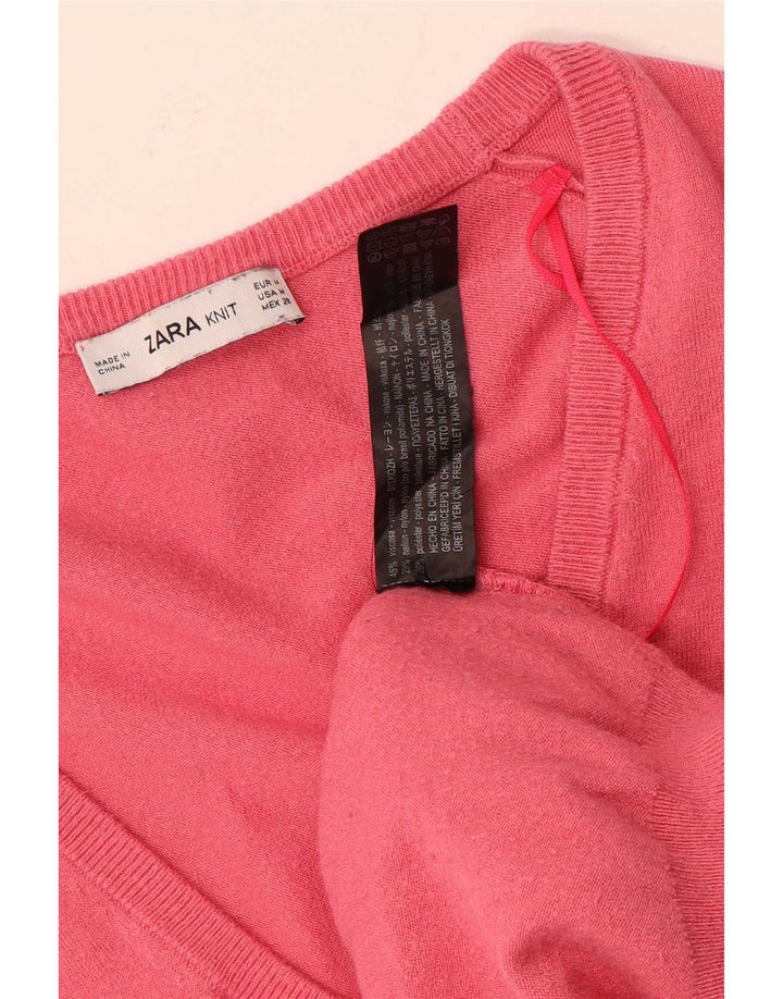 Zara Dame 3/4 ærmet oversized V-hals sweater UK 14 Medium Pink