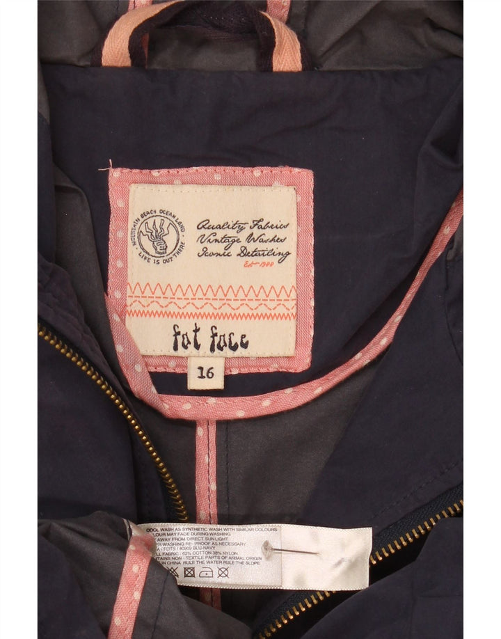 Fat Face Dame Hætte Duffle Jacket UK 16 Large Navy Blue Cotton
