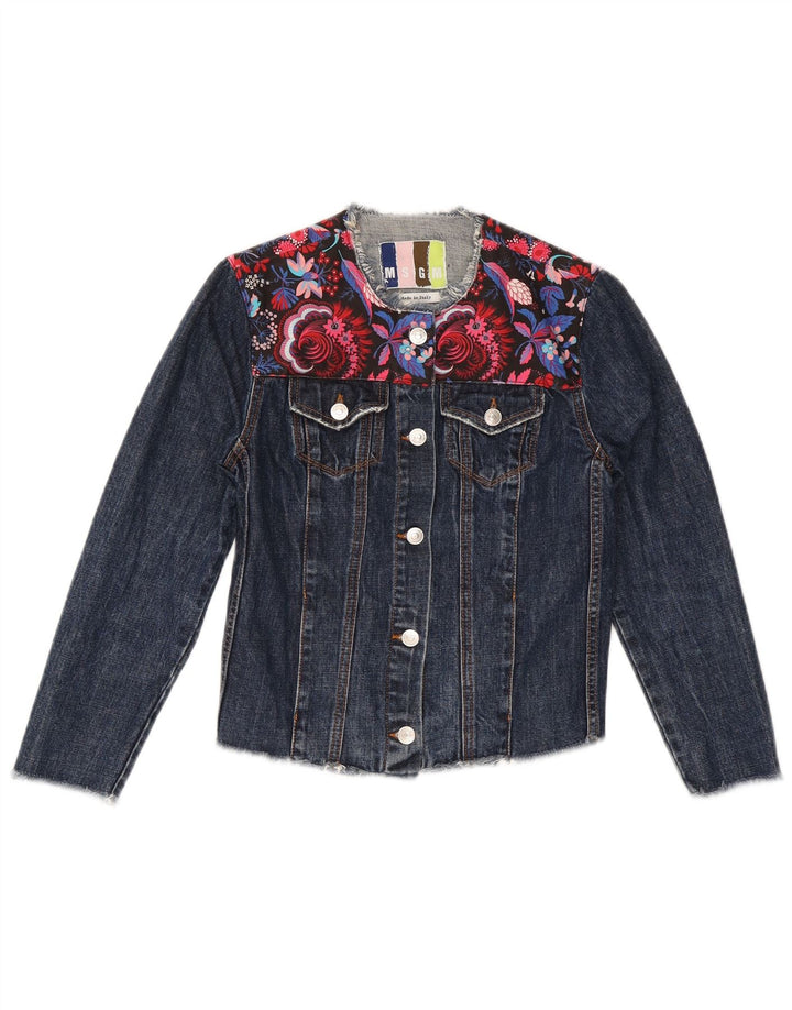 MSGM Womens Crop 3/4-ærmet denimjakke IT 40 Small Navy Blue Floral