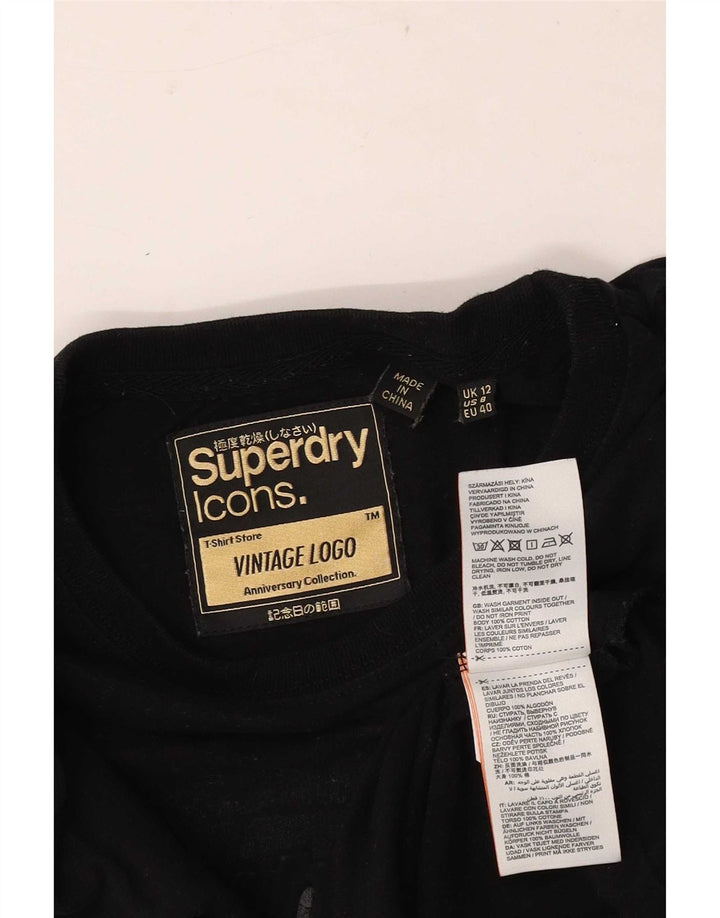 Superdry Grafisk T-shirt top til kvinder UK 12 Medium Sort Bomuld