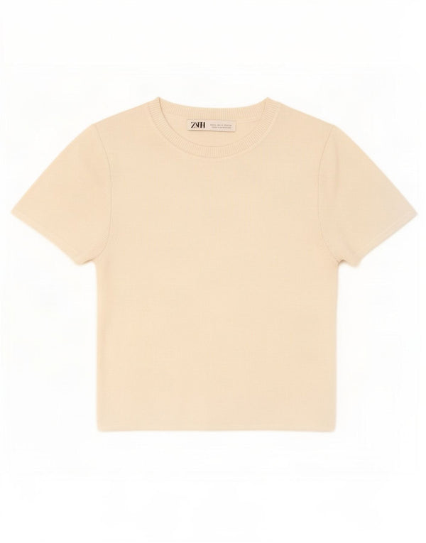 Zara Womens Crop T-Shirt Top UK 12 Medium White Viscose