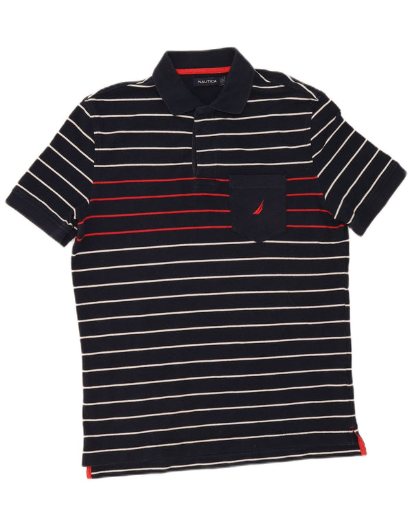 Nautica Mens Polo Shirt Small Navy Blue Striped Cotton