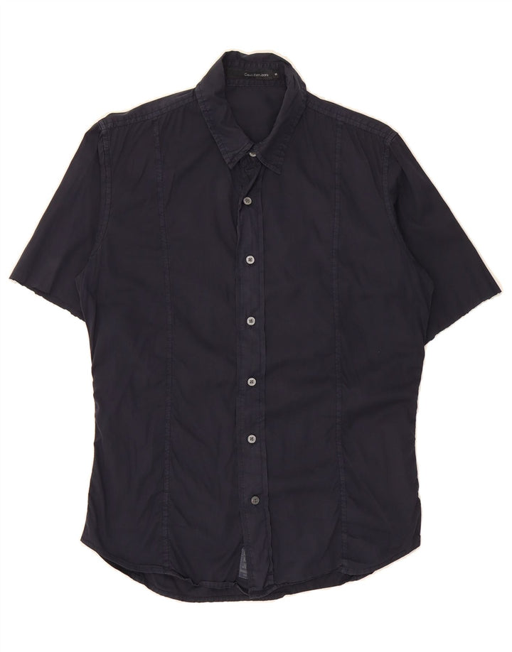 CALVIN KLEIN Mens Graphic Short Sleeve Shirt Small Navy Blue Cotton Vintage Calvin Klein and Second-Hand Calvin Klein from Messina Hembry 