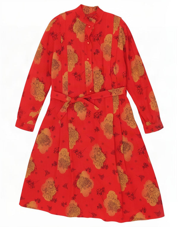Vintage Womens Long Sleeve A-Line Dress UK 12 Medium Red Floral