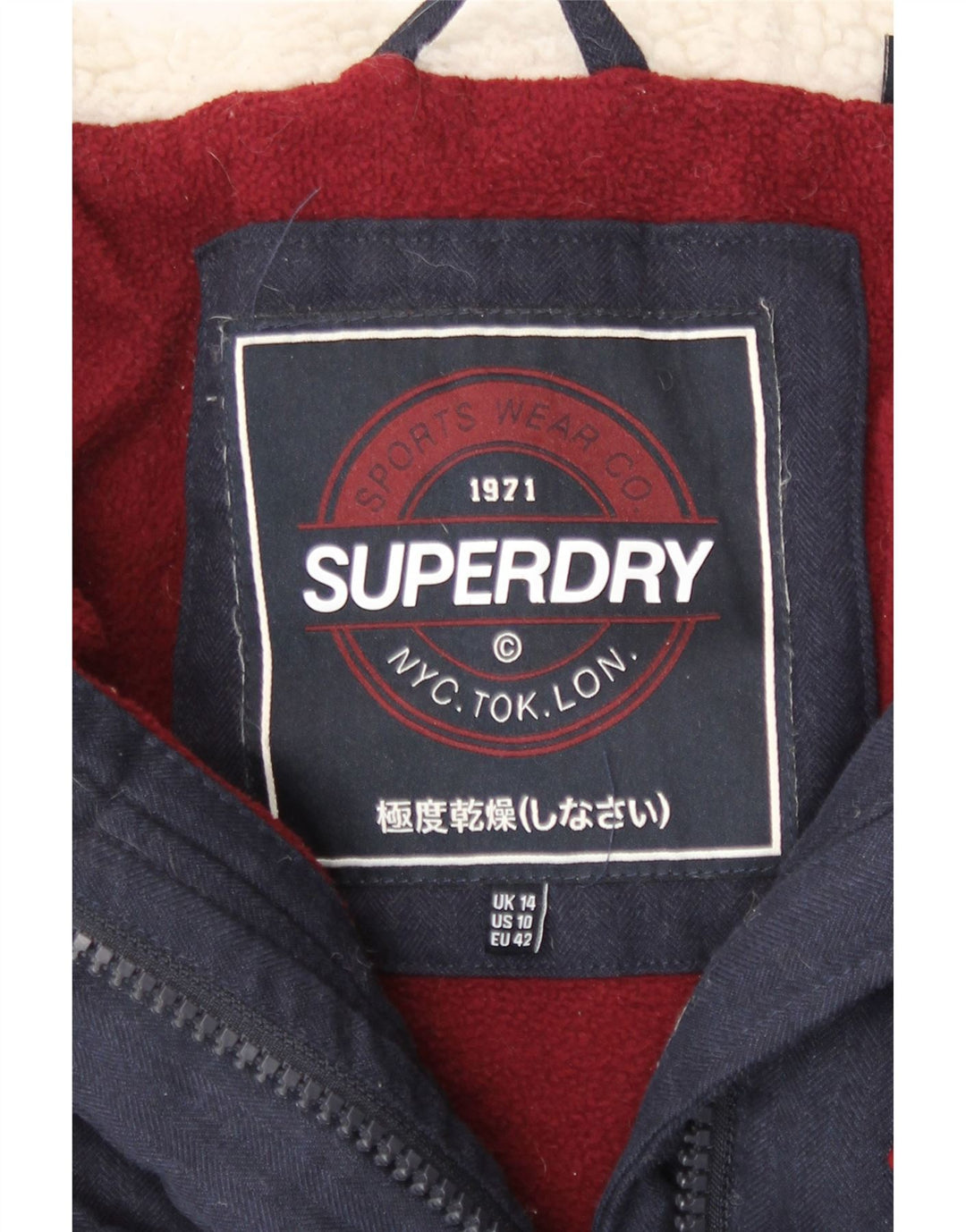 Superdry Duffle Polstret jakke med hætte til kvinder UK 14 Stor marineblå polyester