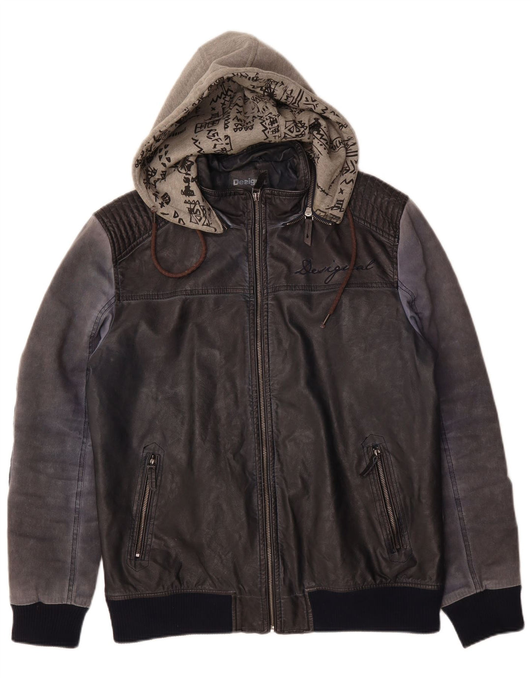 Desigual Herre Hooded Bomber Jacket UK 42 XL Navy Blue Polyurethane