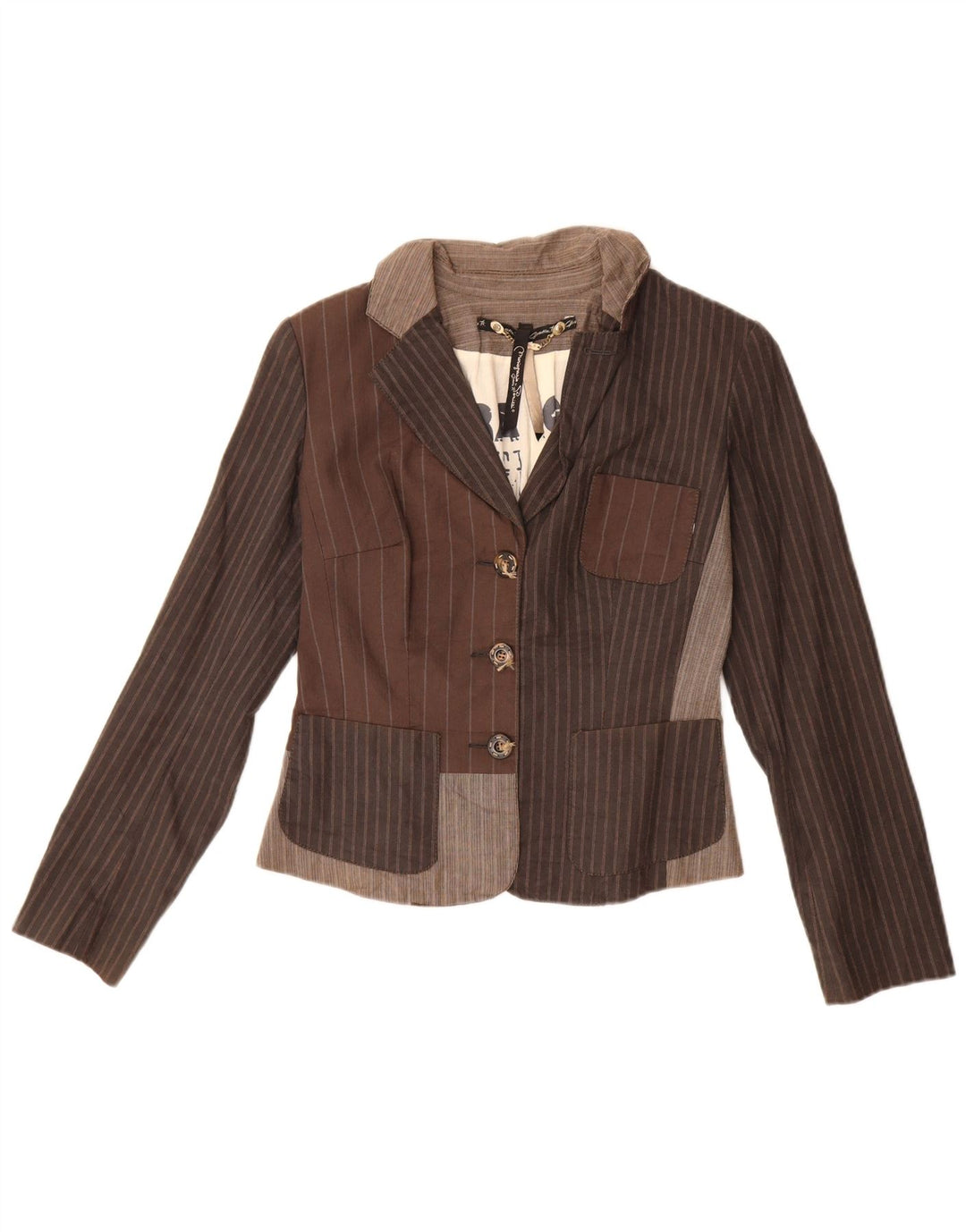 Vintage Dame Crop 3-knaps blazerjakke IT 42 Medium Brun Stribet