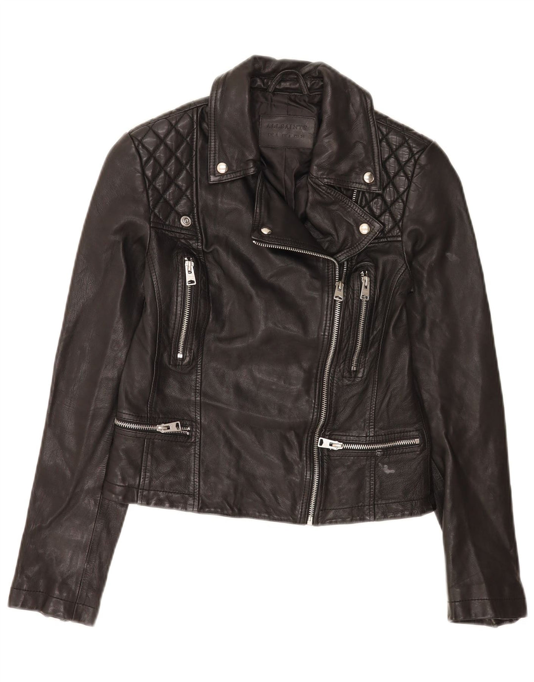 All Saints Dame Crop Læder Biker Jacket UK 8 Lille Sort