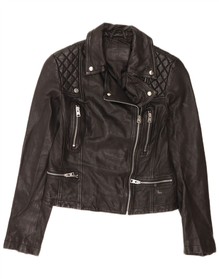 All Saints Dame Crop Læder Biker Jacket UK 8 Lille Sort