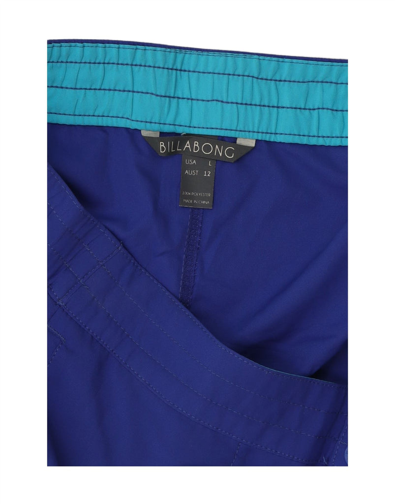 BILLABONG Womens Low Waist Graphic Sport Shorts Large Blue Polyester Vintage Billabong and Second-Hand Billabong from Messina Hembry 