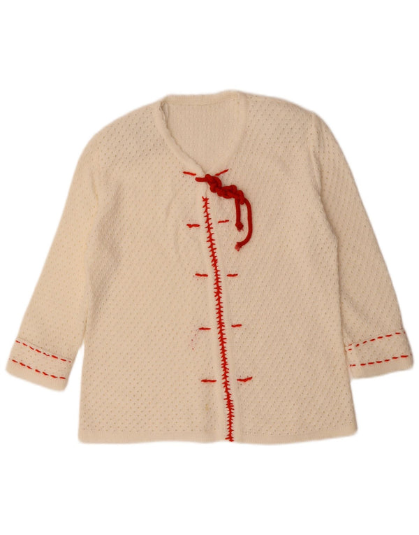 VINTAGE 3/4-ærmet hæklet sweater med V-hals til kvinder UK 12 Medium White