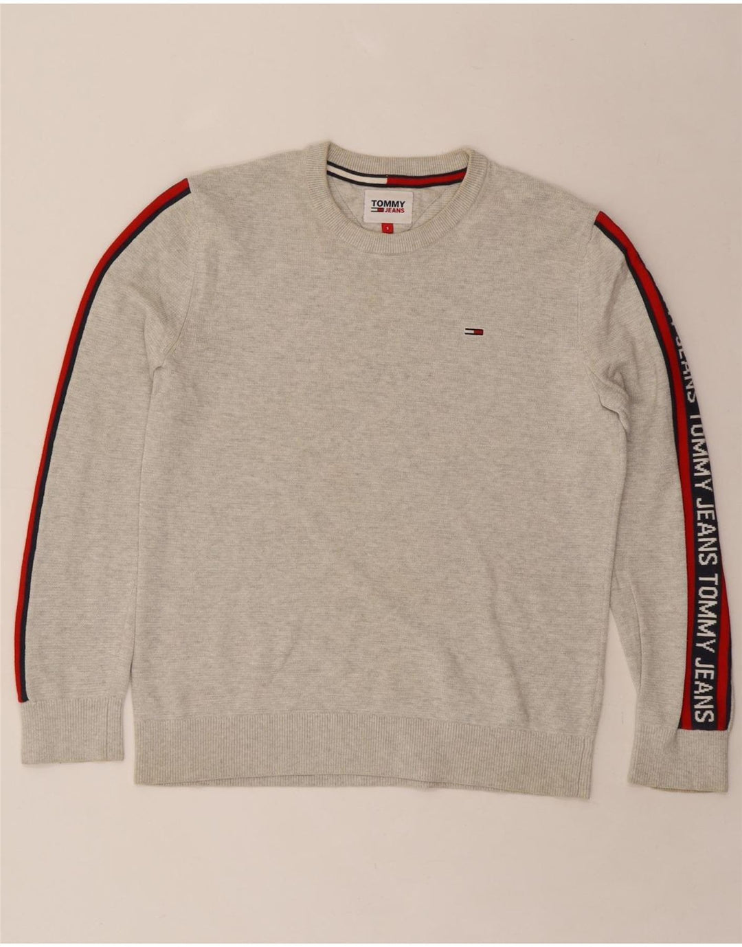 TOMMY HILFIGER Mens Graphic Crew Neck Jumper Sweater Small Grey Vintage Tommy Hilfiger and Second-Hand Tommy Hilfiger from Messina Hembry 