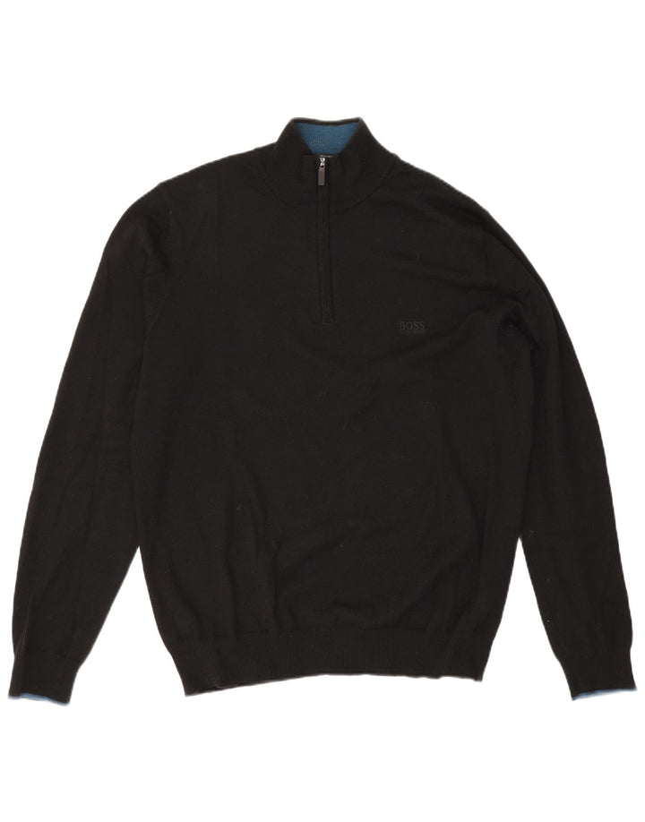 Hugo Boss Herre Regular Fit Zip Neck Jumper Sweater Large Black Wool