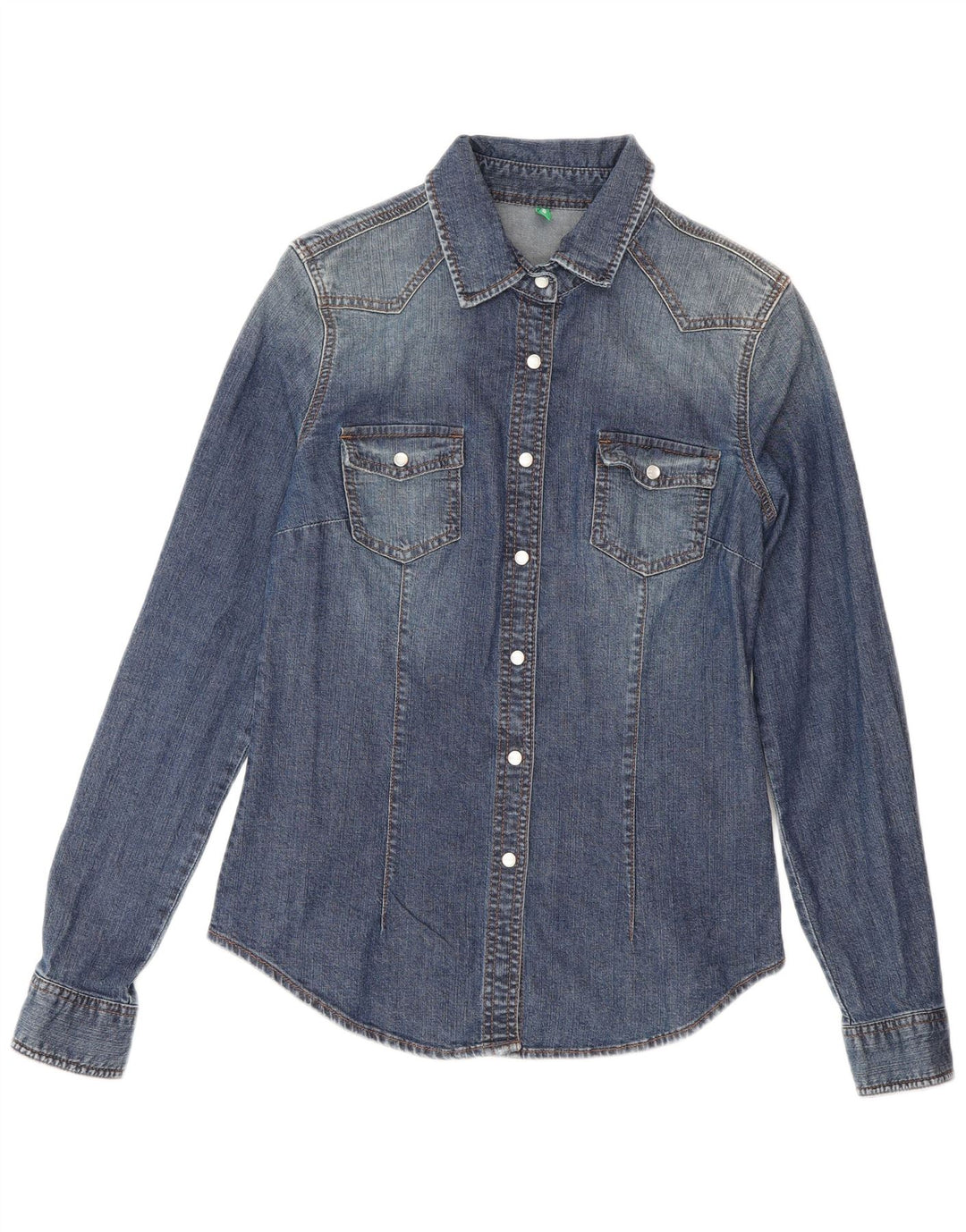 Benetton Dame Denim Shirt UK 12 Medium Blue Cotton