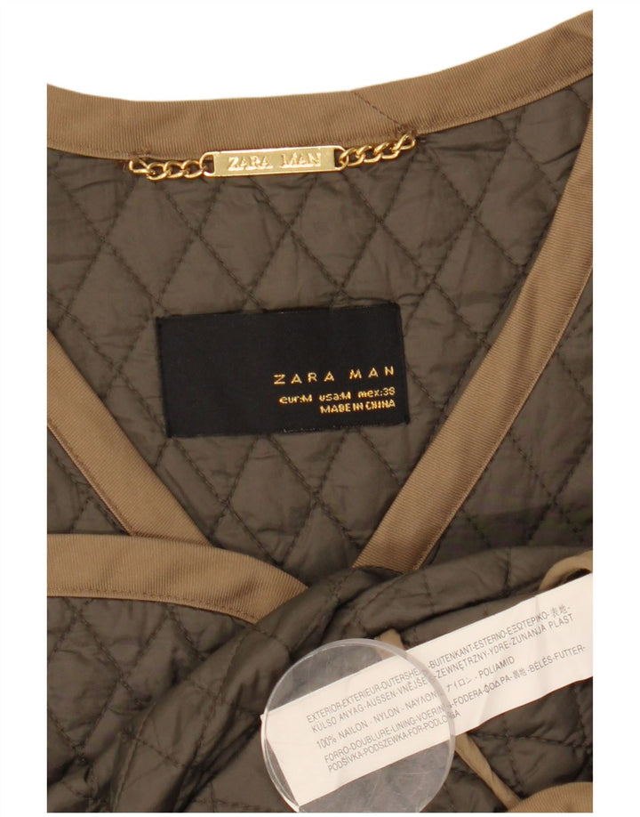 Zara Herre Quiltet Jakke UK 38 Medium Khaki Nylon
