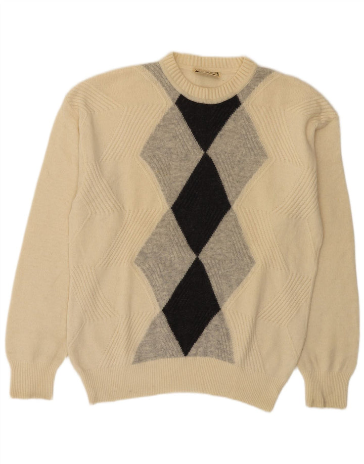 Vintage herre sweater med rund hals IT 50 Medium Off White Argyle/diamant