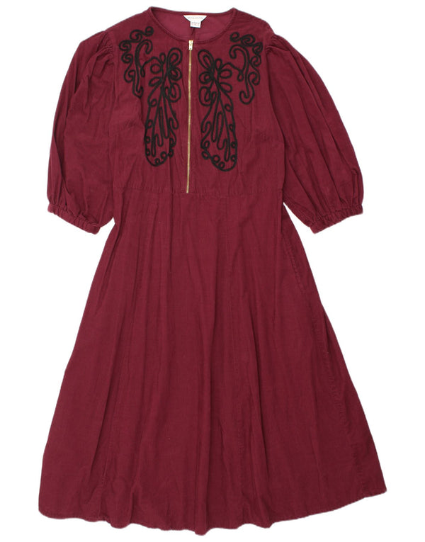 MONSOON dame 3/4 ærmet fløjlsbukser A-line kjole UK 12 Medium Burgundy