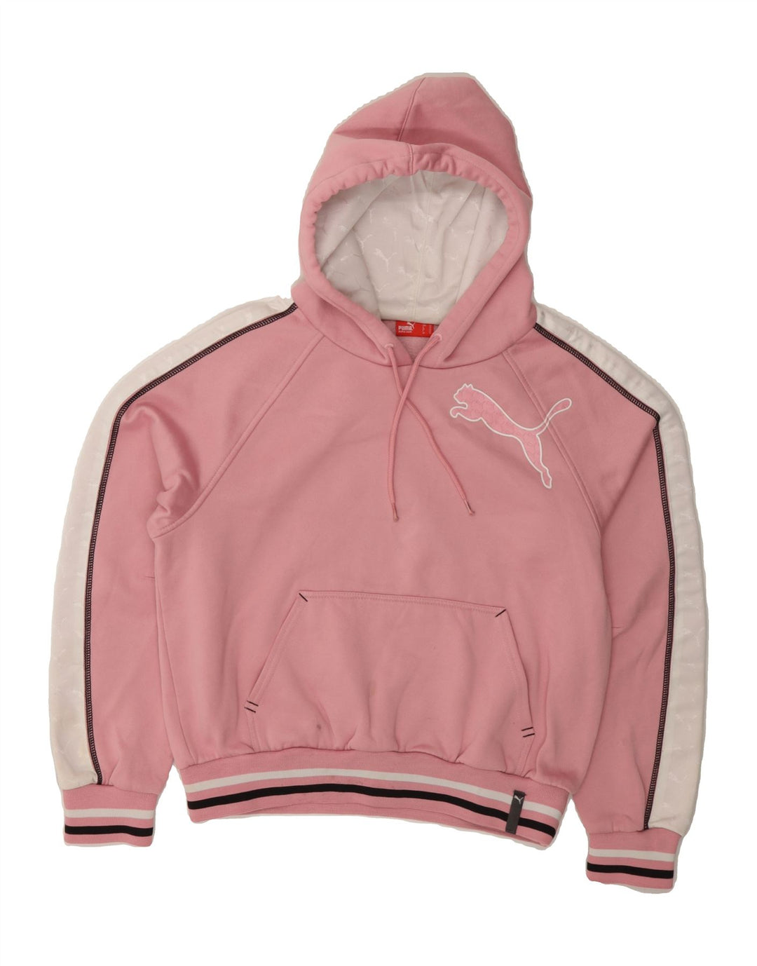 PUMA Womens Graphic Hoodie Jumper UK 12 Medium Pink Colourblock Polyester Vintage Puma and Second-Hand Puma from Messina Hembry 