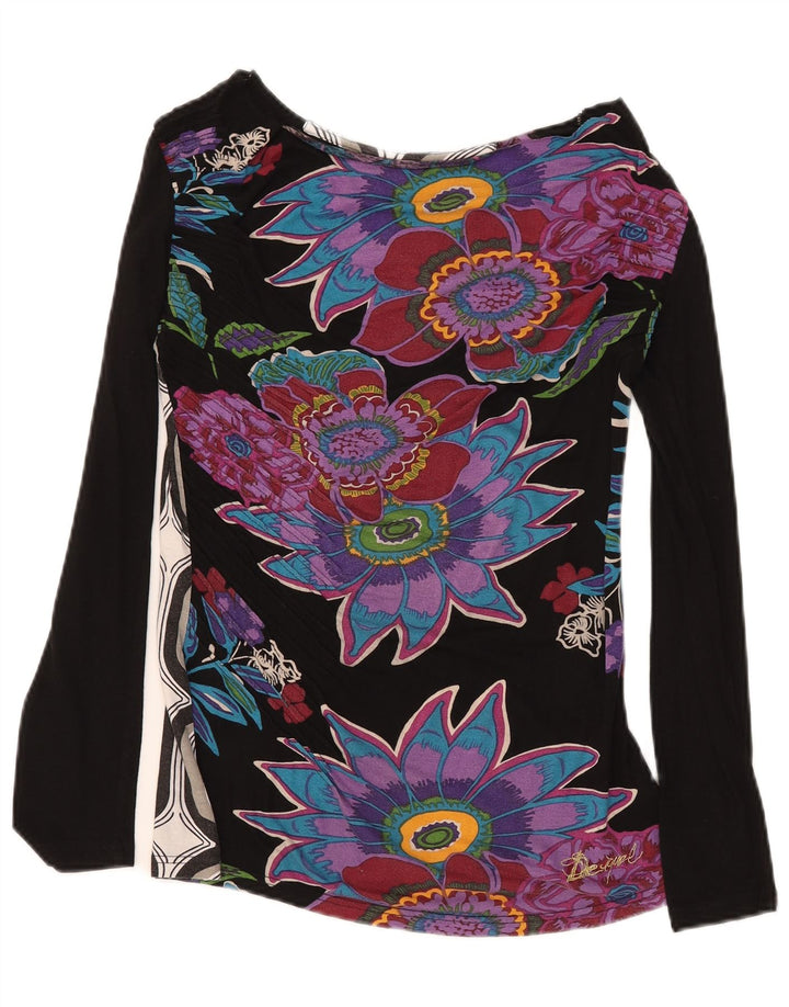 DESIGUAL Dame Grafisk Top Langærmet UK 12 Medium Black Floral Viscose