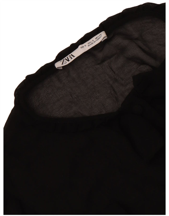 Zara Dame Se Through Ruffle Front A-Line Kjole UK 10 Small Black