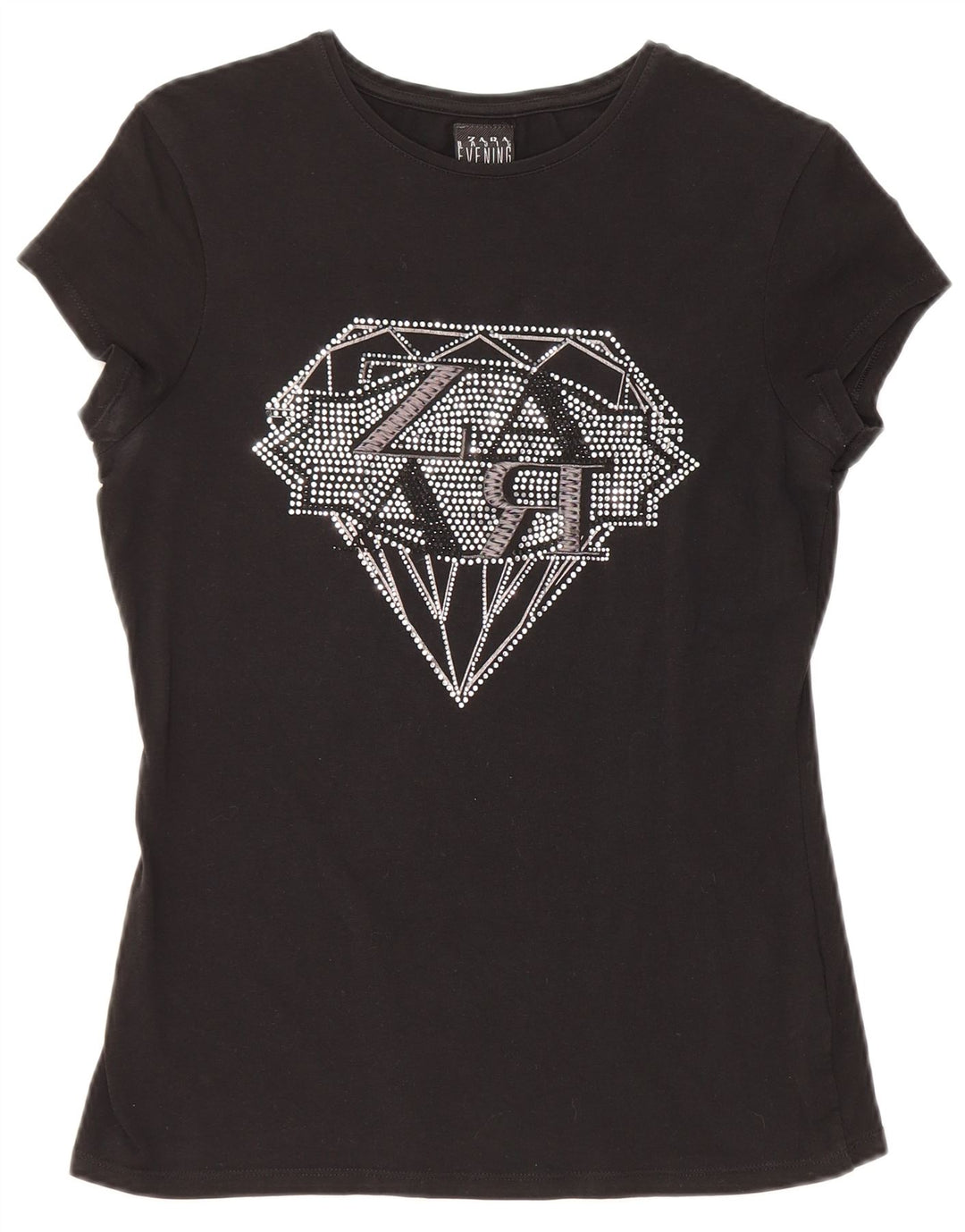 Zara Grafisk T-Shirt Top UK 12 Medium Sort Bomuld