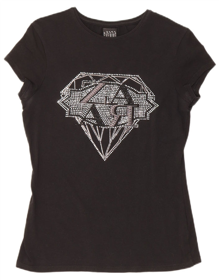 Zara Grafisk T-Shirt Top UK 12 Medium Sort Bomuld