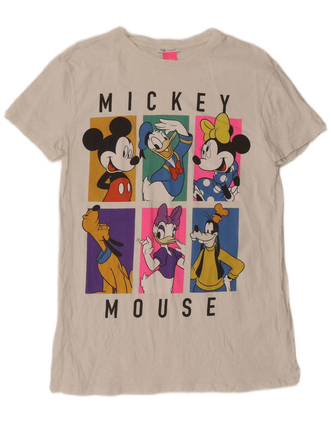 Zara Dame Mickey Mouse Grafisk T-Shirt Top UK 10 Small White Bomuld