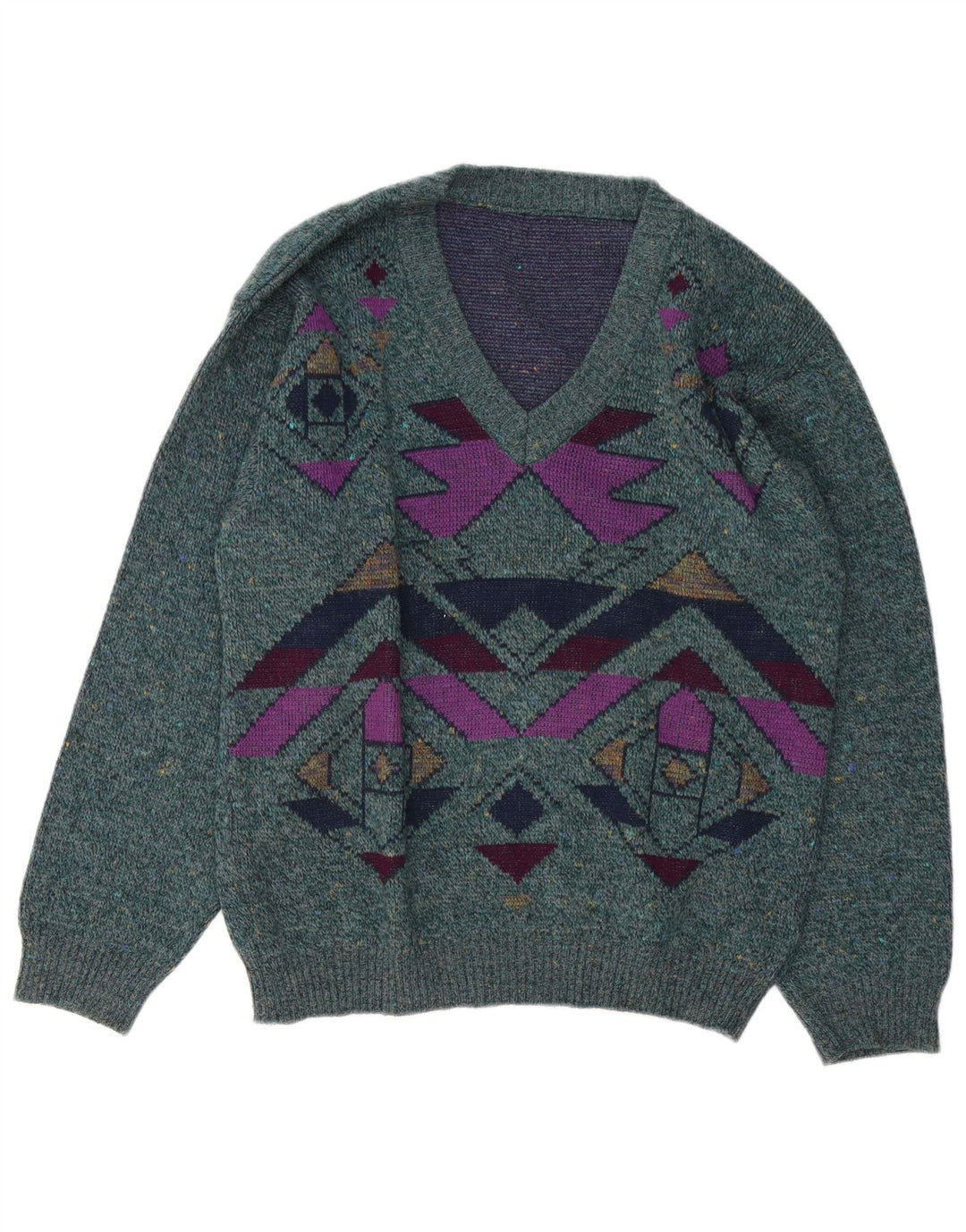 Vintage herre V-hals sweater stor grøn geometrisk