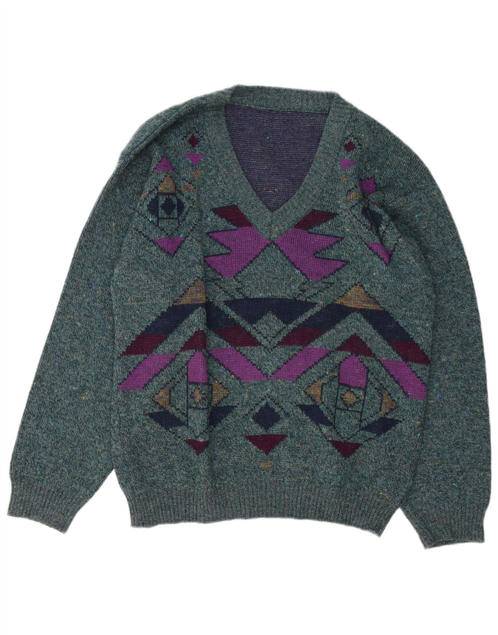 Vintage herre V-hals sweater stor grøn geometrisk
