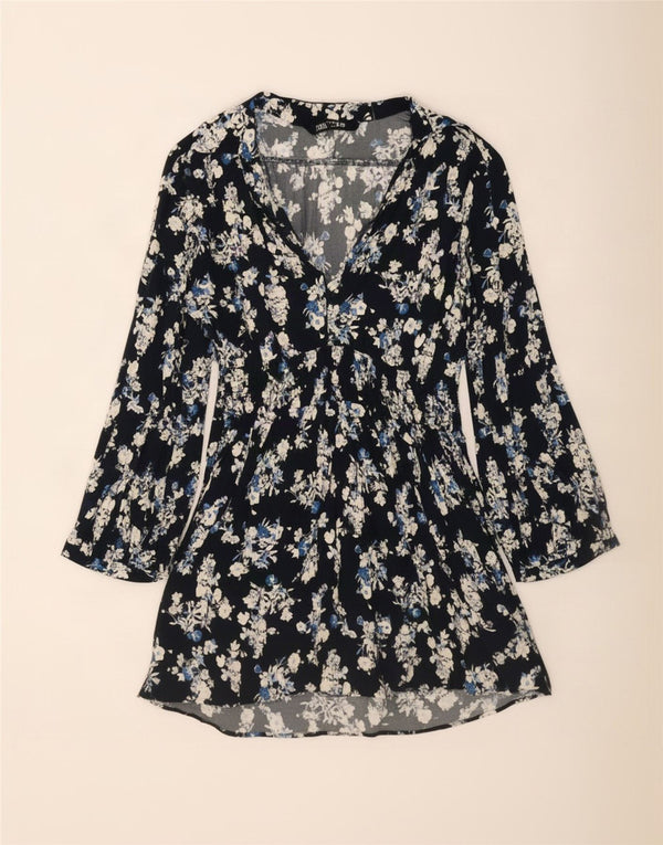 Zara Dame Langærmet Oversized A-Line Kjole UK 10 Small Navy Blue Floral