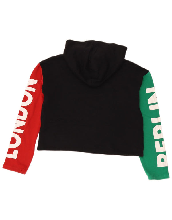 Benetton Girls Crop Graphic Hoodie Jumper 10-11 år XL Sort Colourblock