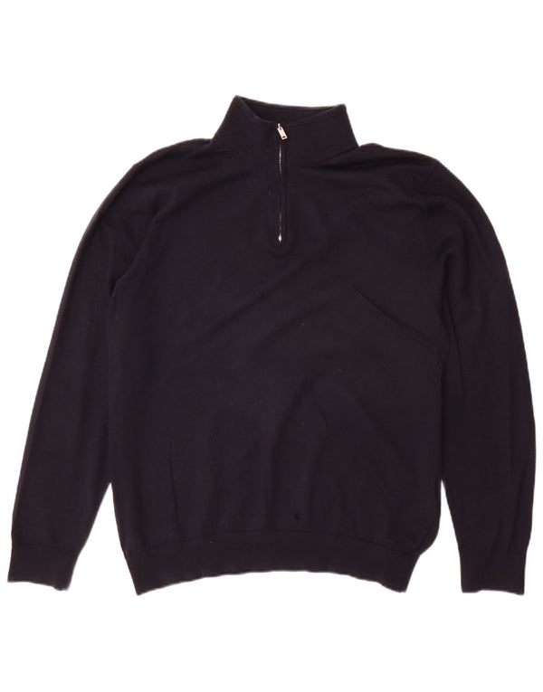 Reiss Herre Zip Neck Jumper Sweater Large Navy Blue Merino Wool