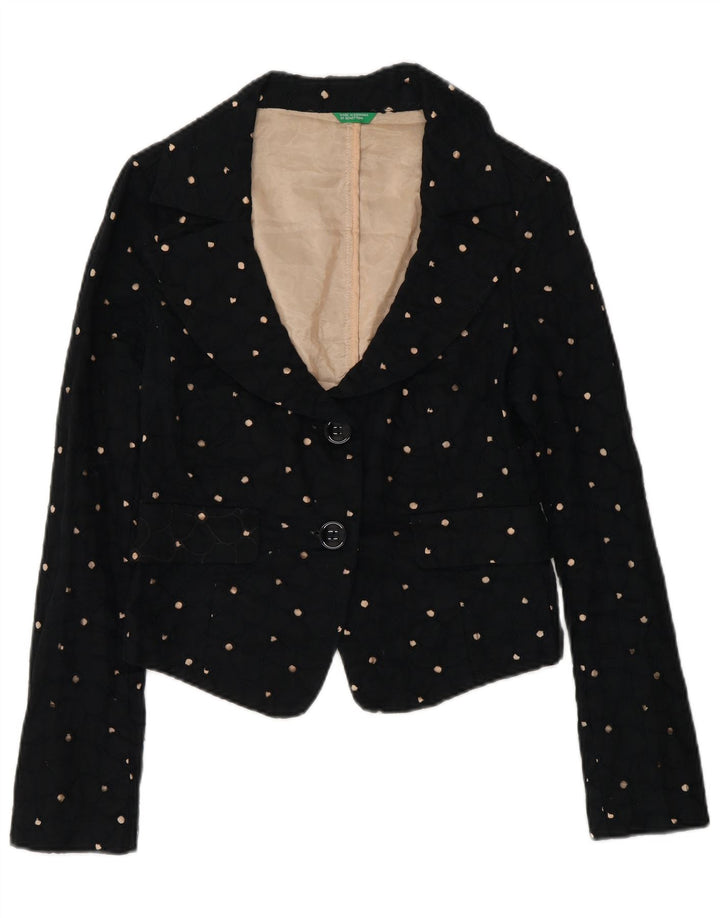 Benetton Dame Crop 2 Button Blazer Jacket IT 42 Medium Sort Plettet