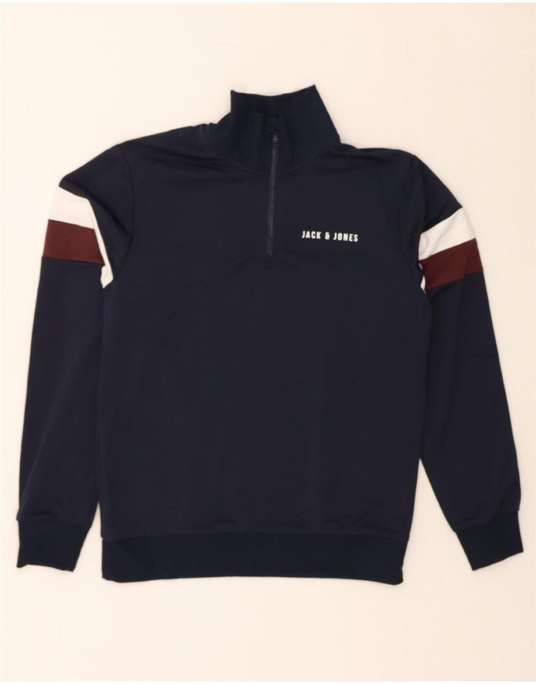 JACK & JONES Mens Zip Neck Sweatshirt Jumper Small Navy Blue Colourblock Vintage Jack & Jones and Second-Hand Jack & Jones from Messina Hembry 