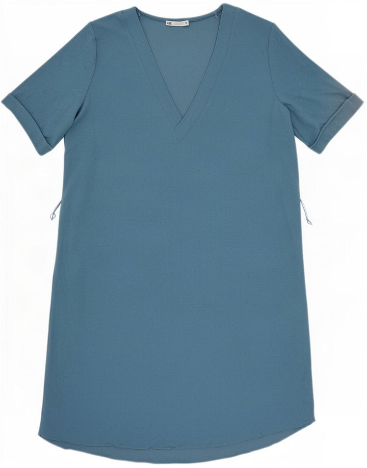 Zara Kvinder Kortærmet Shift Dress UK 14 Medium Blue Polyester