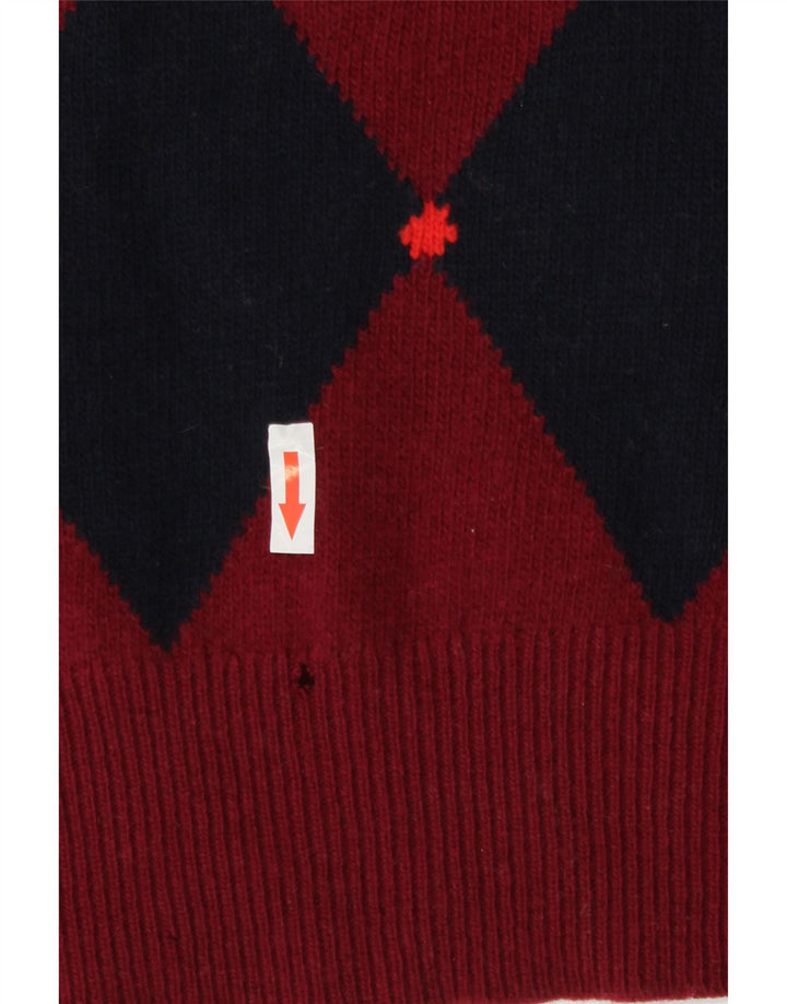 Vintage Herre V-hals sweater Medium Burgundy Argyle/Diamond lammeuld