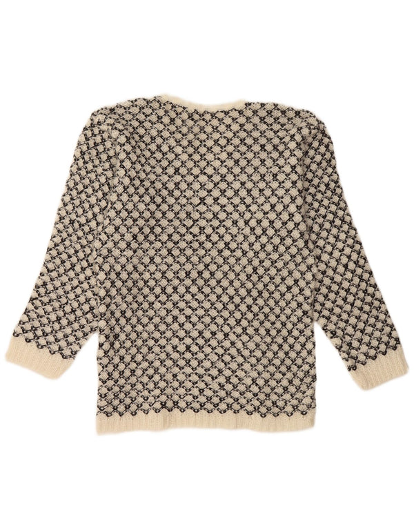 Vintage Womens V-Neck Jumper Sweater UK 14 Medium Off White Geometric