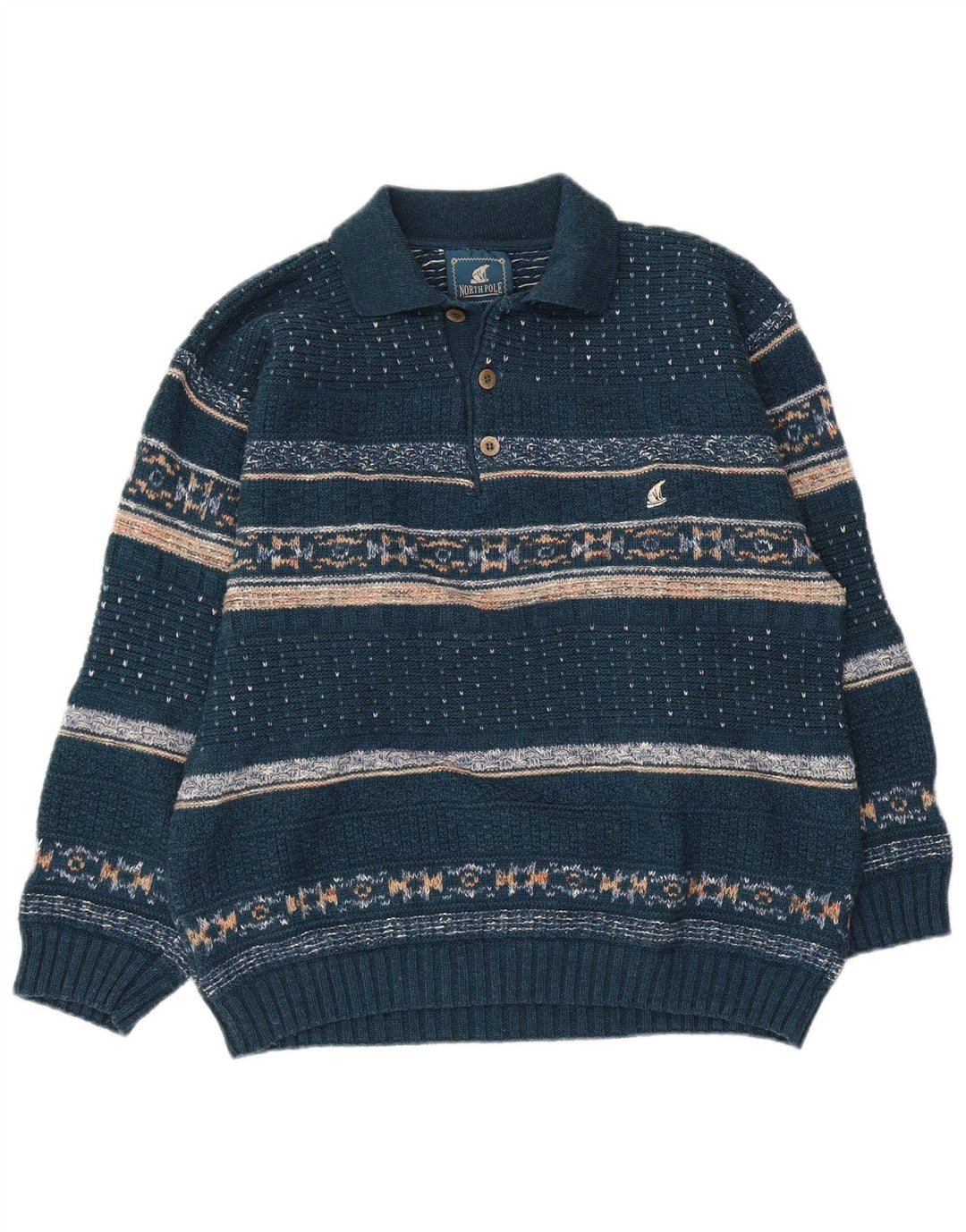 North Pole Herre Polo Neck Jumper Sweater Medium Blue Fair Isle Wool
