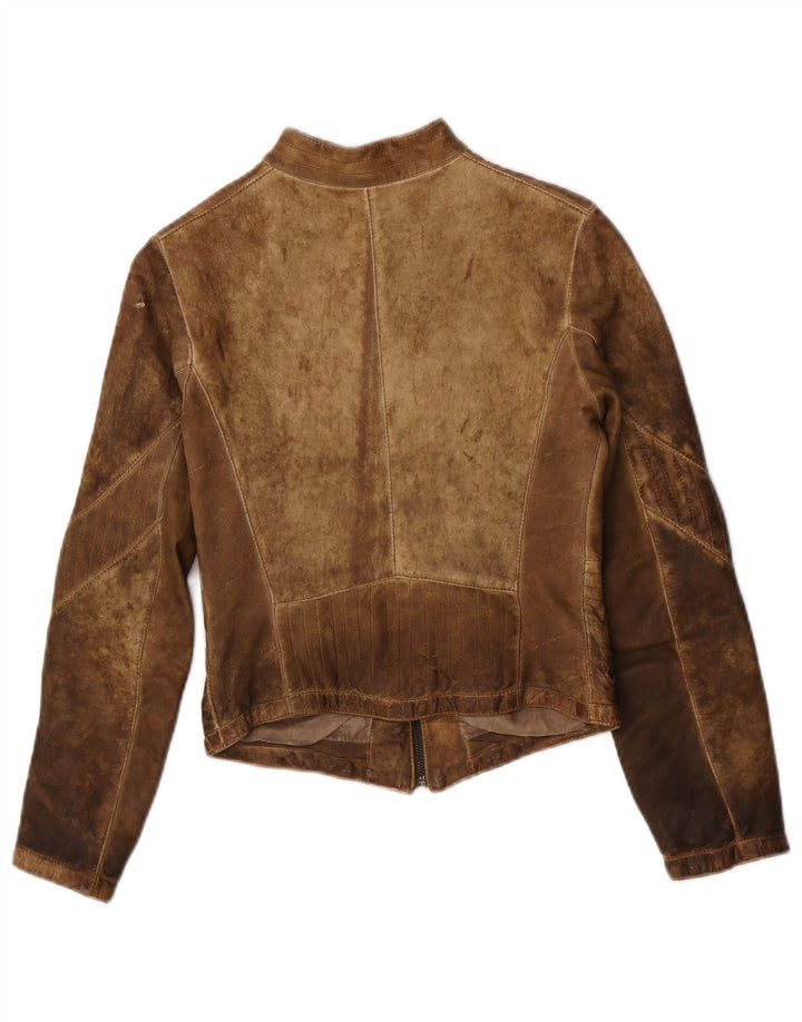 Vintage Dame Crop Læderjakke UK 10 Small Beige Læder