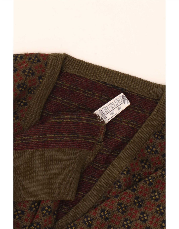 Vintage herre V-hals sweater stor kaki geometrisk uld