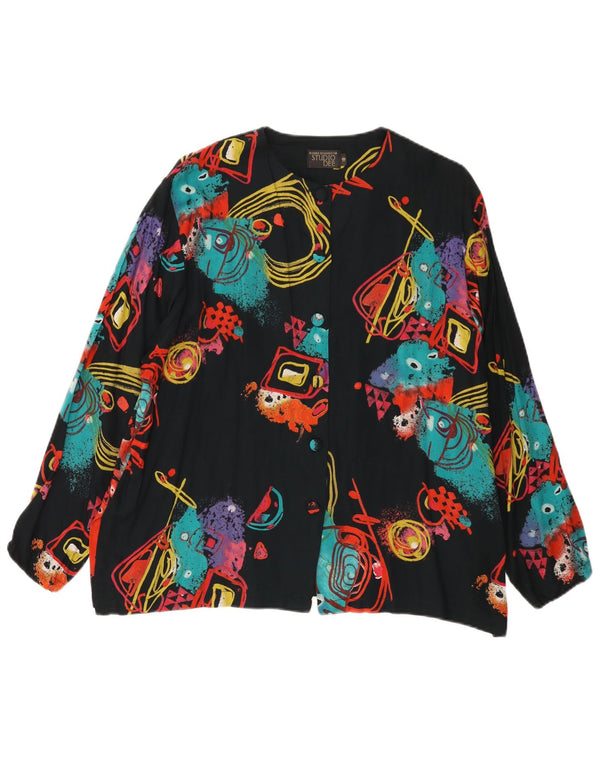 Vintage Womens Relaxed Abstract Pattern Shirt Blouse UK 18 XL Black Retro